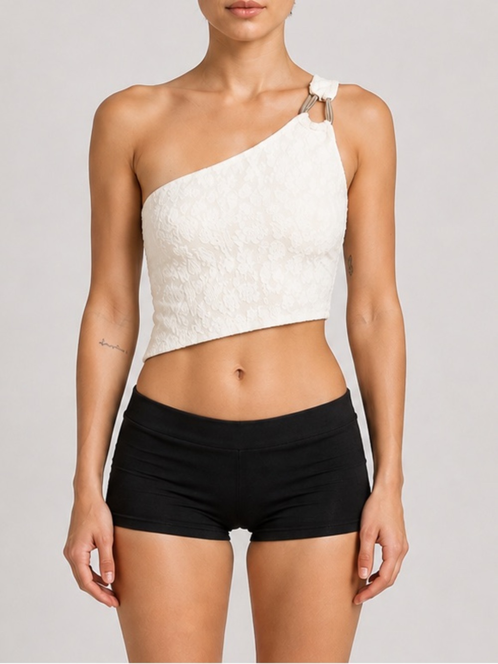 Princess Polly Ivory Textured Asymmetrical One Shoulder Top Metal Detail Size 8